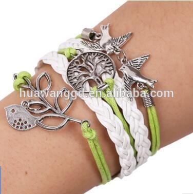 New Arrival Snap charm Leather Bracelet/ handmade leather and wax cord braided leather bracelet with tree of life