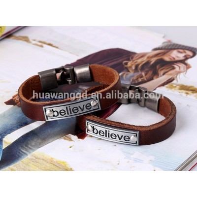 Hot design cheap genuine leather cuff couple love believe bracelet