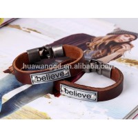 Hot design cheap genuine leather cuff couple love believe bracelet