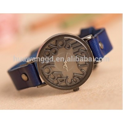 Hot selling blue color high quality vintage genuine leather bracelet antique quartz watch with abstract number