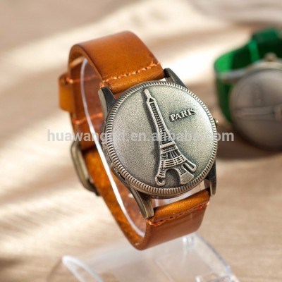 Hot selling orange color high quality vintage genuine leather bracelet antique novel quartz watch with Eiffel Tower flip